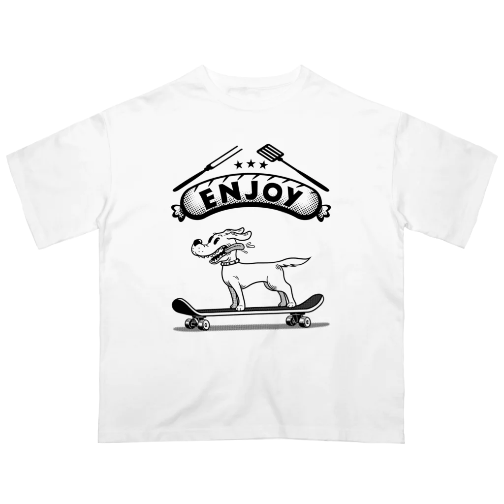 nidan-illustrationのhappy dog -ENJOY- (black ink) Oversized T-Shirt