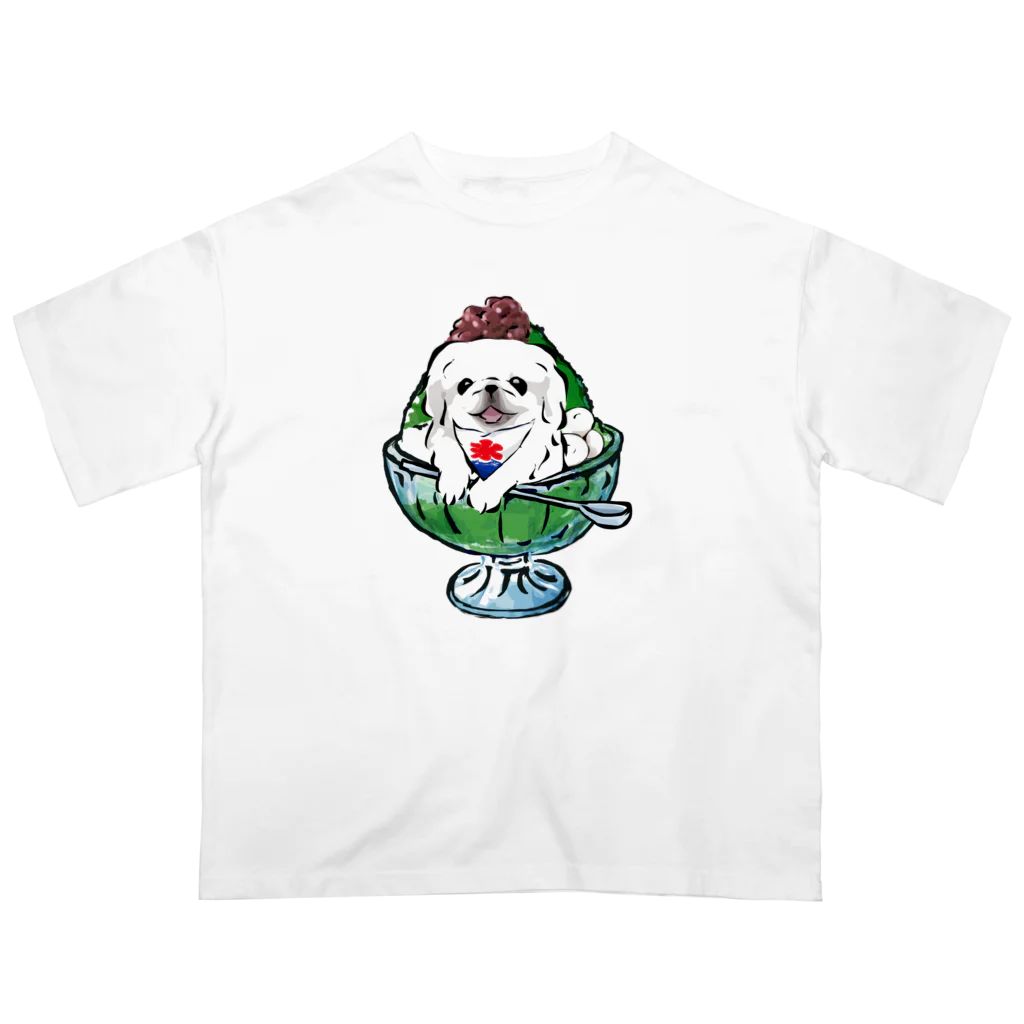 犬グッズの店しえるぶるーのかき氷ワンちゃん　宇治金時　ペキニーズ　ホワイト オーバーサイズTシャツ