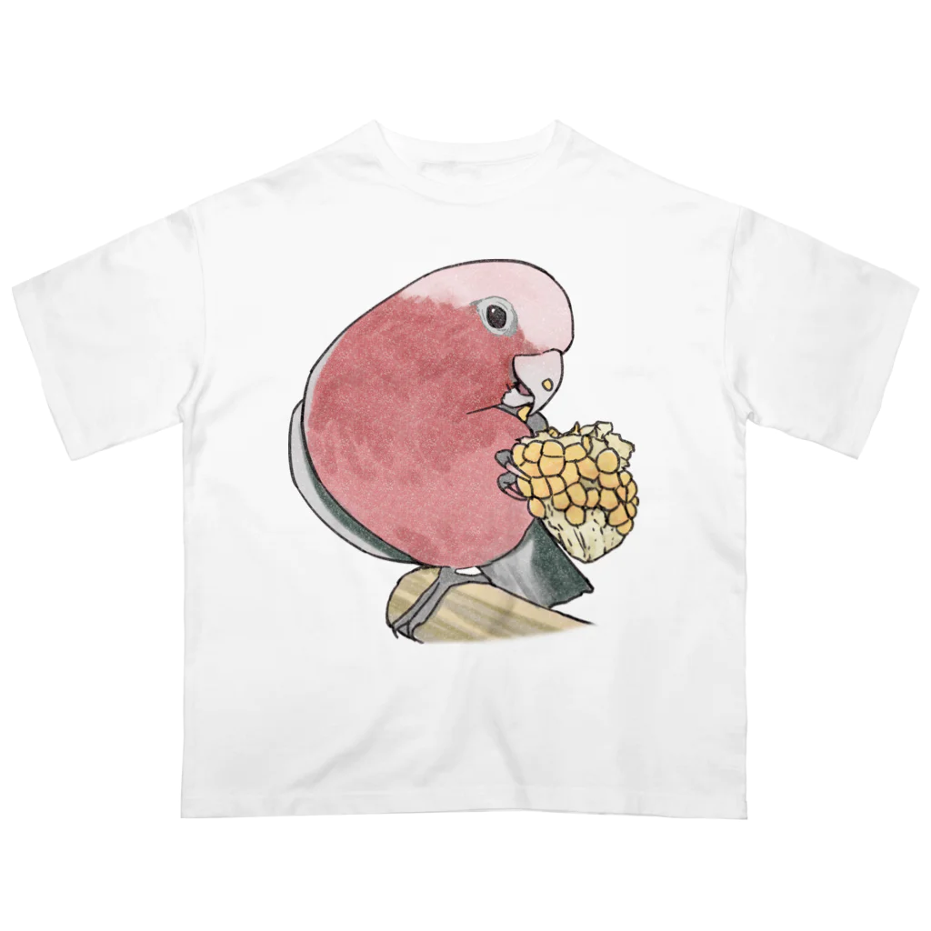 まめるりはことりのモモイロインコちゃんとトウモロコシ【まめるりはことり】 オーバーサイズTシャツ