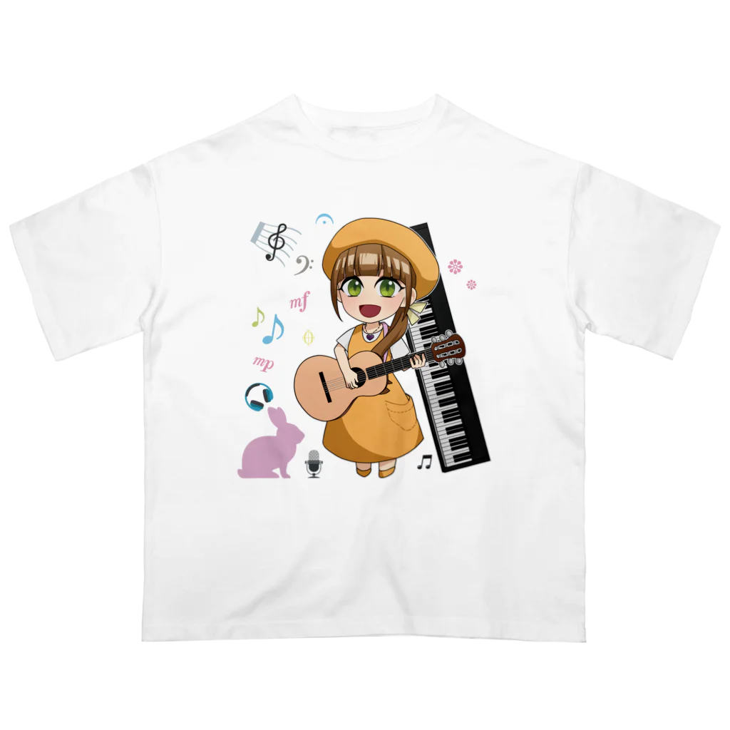 ふわりおんぷふぁーむのかおふあちゃんギター&ピアノ(フルカラー) オーバーサイズTシャツ