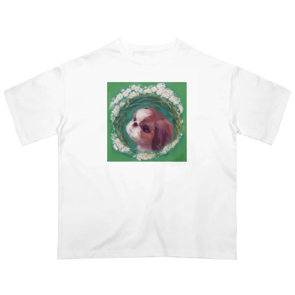 NORIMA'S SHOP のかわいいシーズー 犬と雪柳のフラワーリース オーバーサイズTシャツ