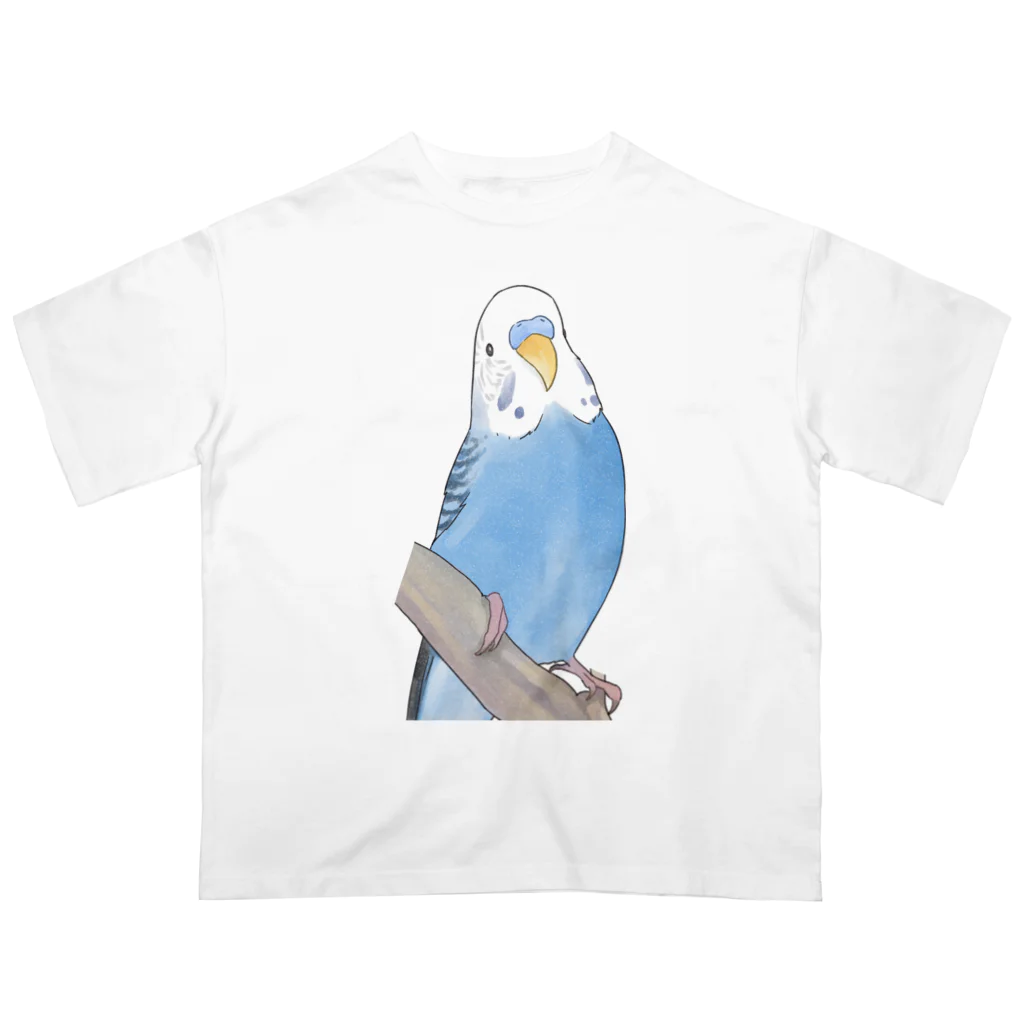 まめるりはことりのセキセイインコちゃんと止まり木【まめるりはことり】 オーバーサイズTシャツ