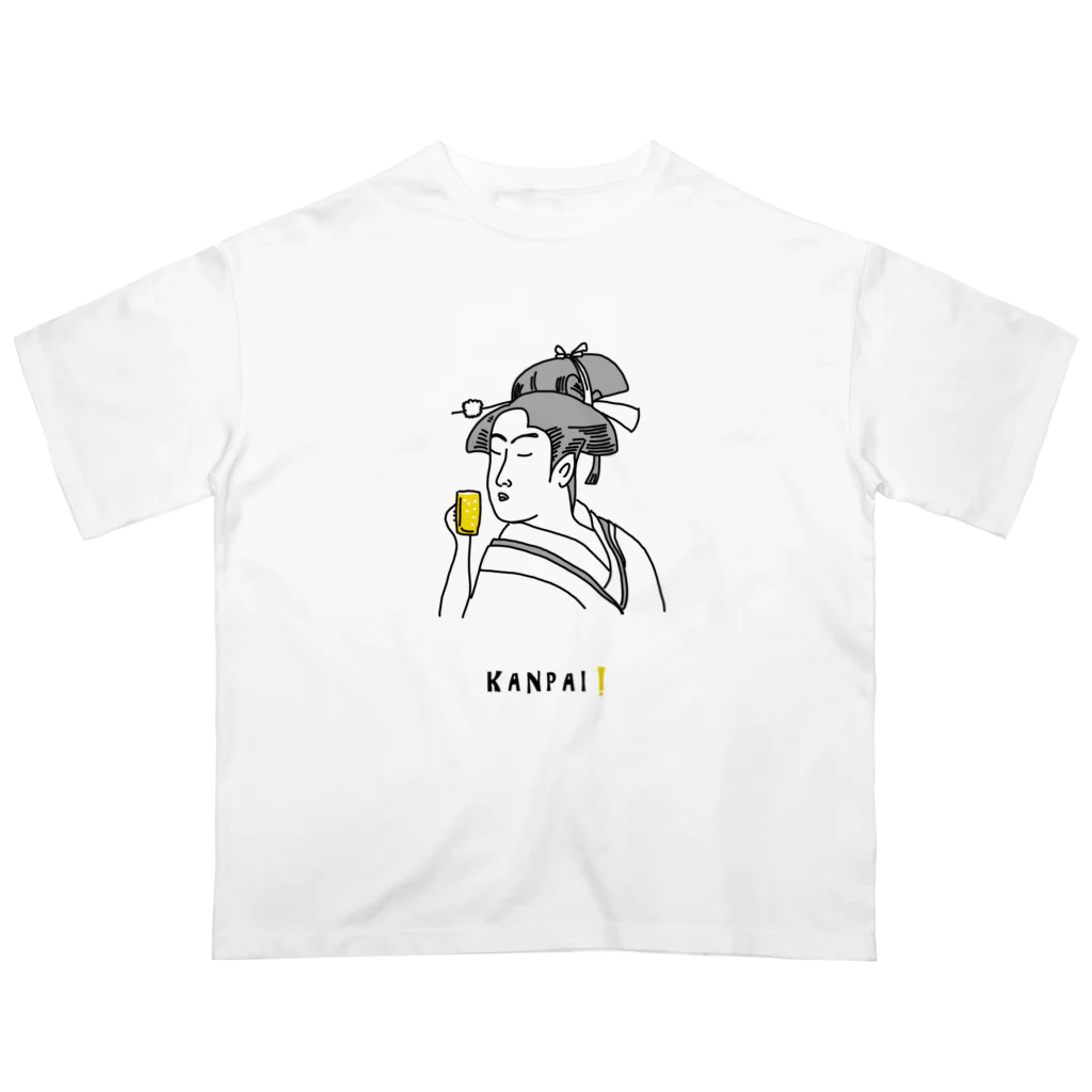 ビールとアート TM-3 Designの名画 × BEER（美人画）黒線画 オーバーサイズTシャツ