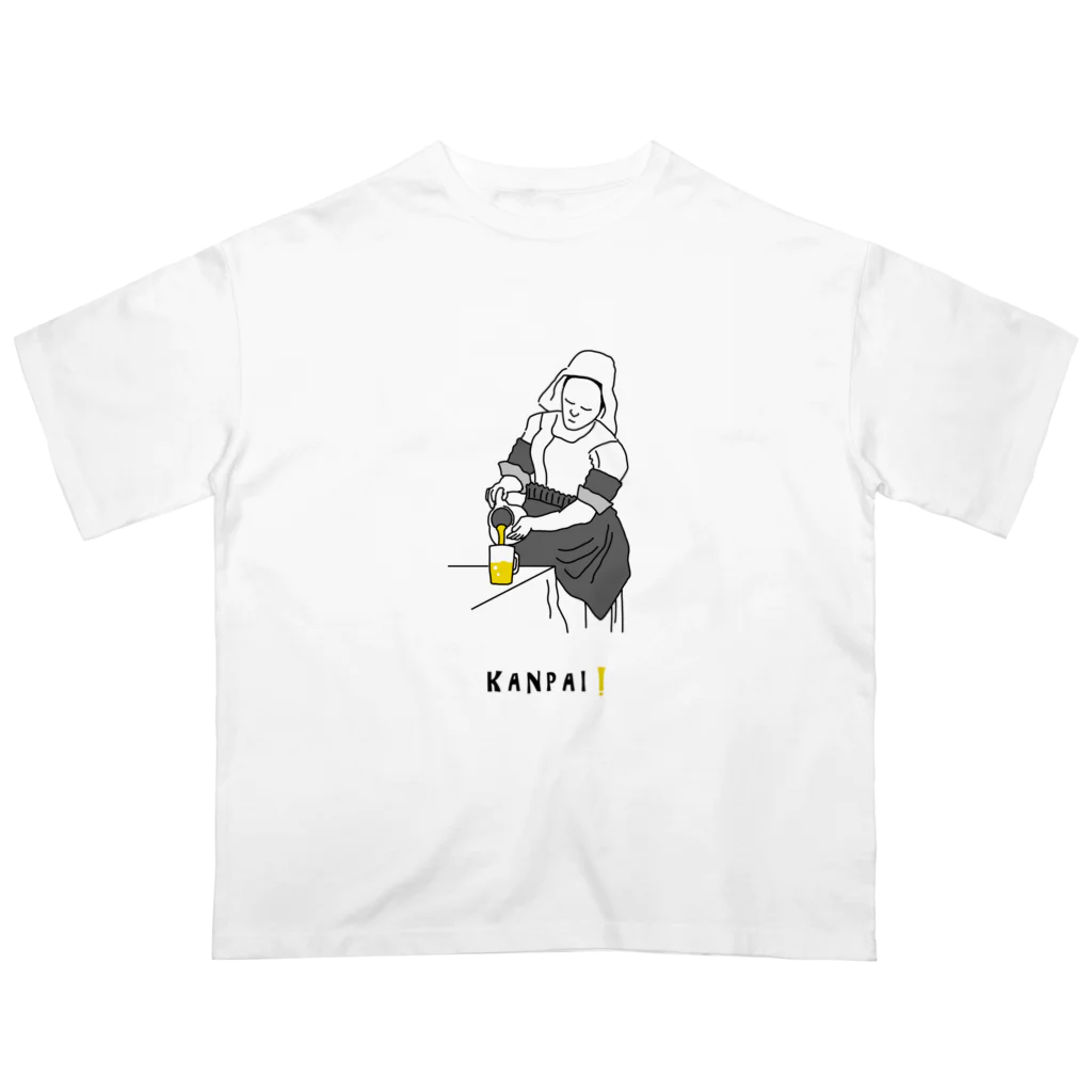 ビールとアート TM-3 Designの名画 × BEER（牛乳を注ぐ女）黒線画 Oversized T-Shirt