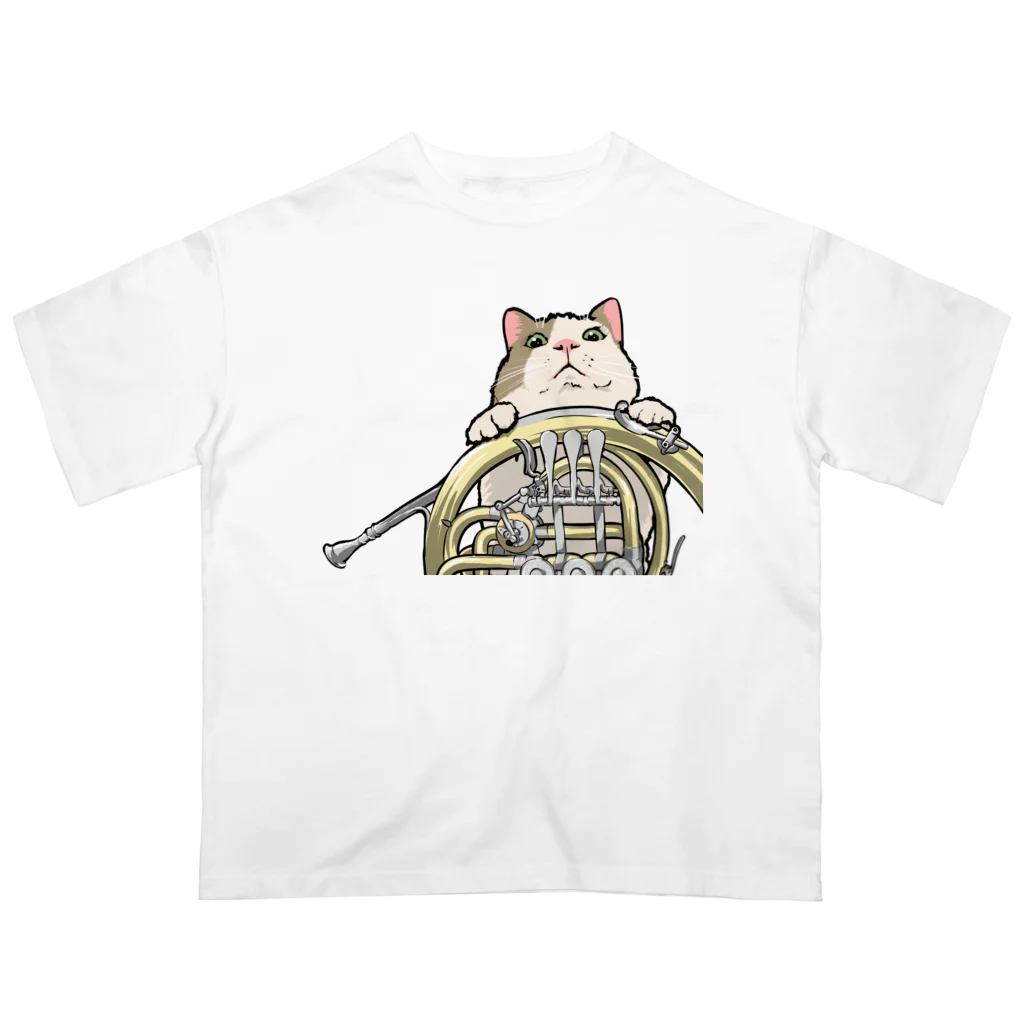 ももねこ工房（　◜◡‾）のホルンからのぞくネコ オーバーサイズTシャツ