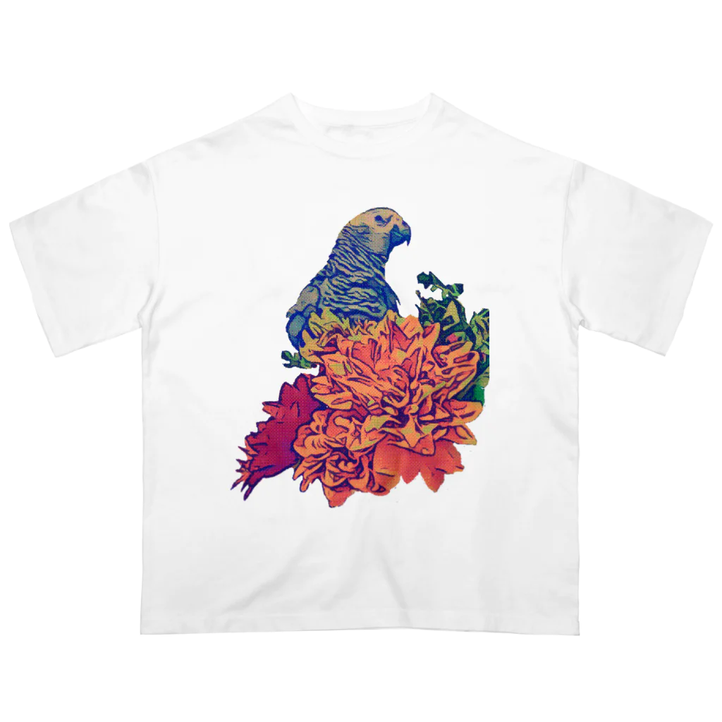 愉快なインコ達のヨウムと花 オーバーサイズTシャツ