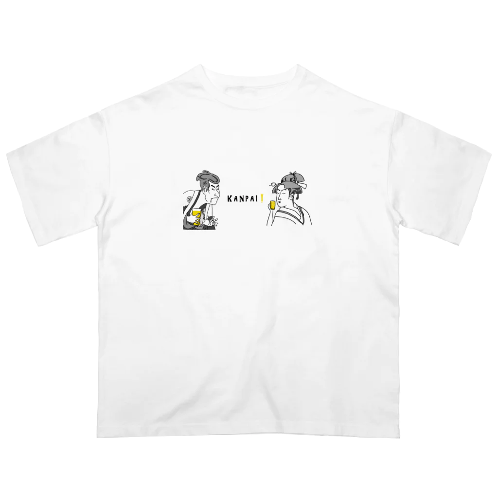 ビールとアート TM-3 Designの名画 × BEER（浮世絵男女）黒線画 オーバーサイズTシャツ