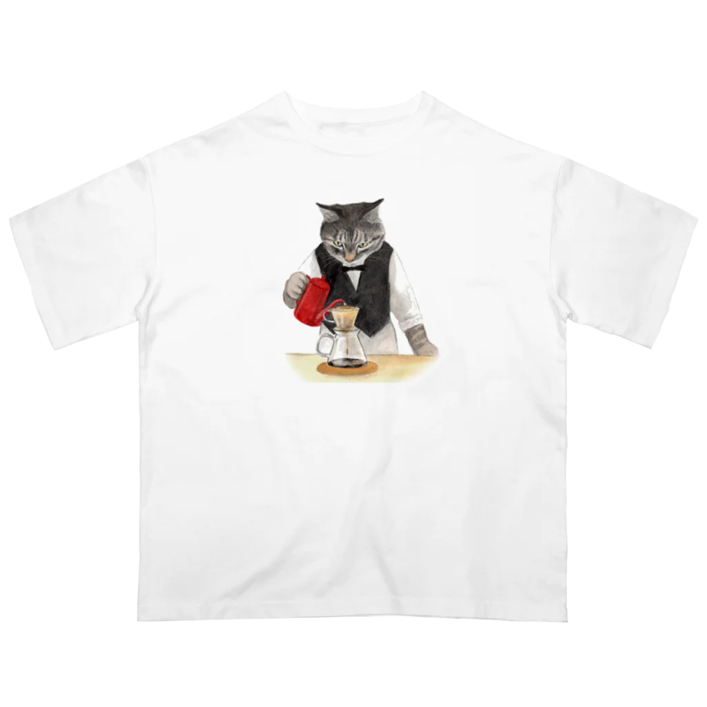  藤ねこりえ/ 𝙁𝙐𝙅𝙄𝙣𝙚𝙘𝙤𝙧𝙞𝙚の美味しい珈琲を淹れる猫 オーバーサイズTシャツ