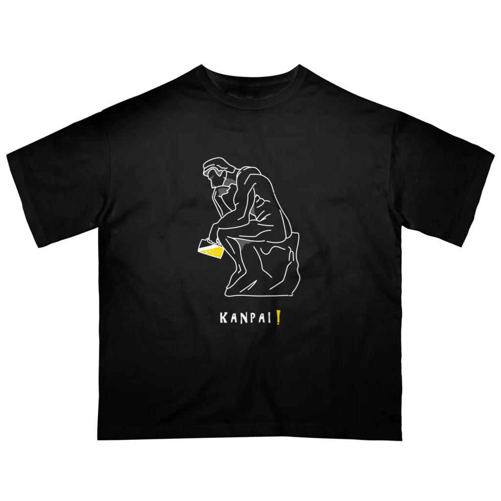 ビールとアート TM-3 Designの彫刻 × BEER（考える人）白線画 オーバーサイズTシャツ