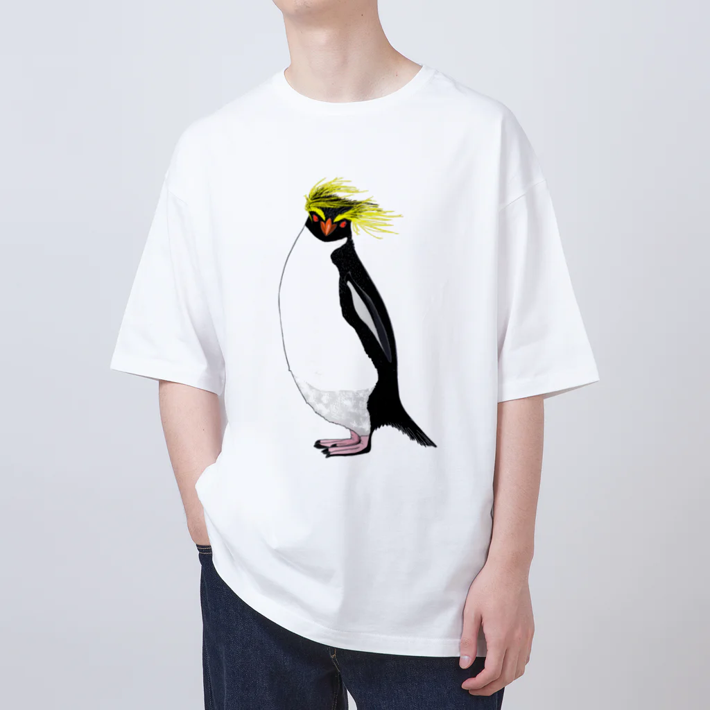 LalaHangeulの　風に吹かれるイワトビペンギンさん(文字無しバージョン オーバーサイズTシャツ