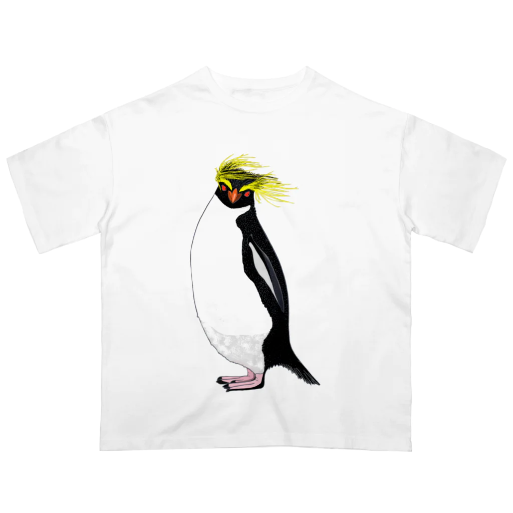 LalaHangeulの　風に吹かれるイワトビペンギンさん(文字無しバージョン オーバーサイズTシャツ