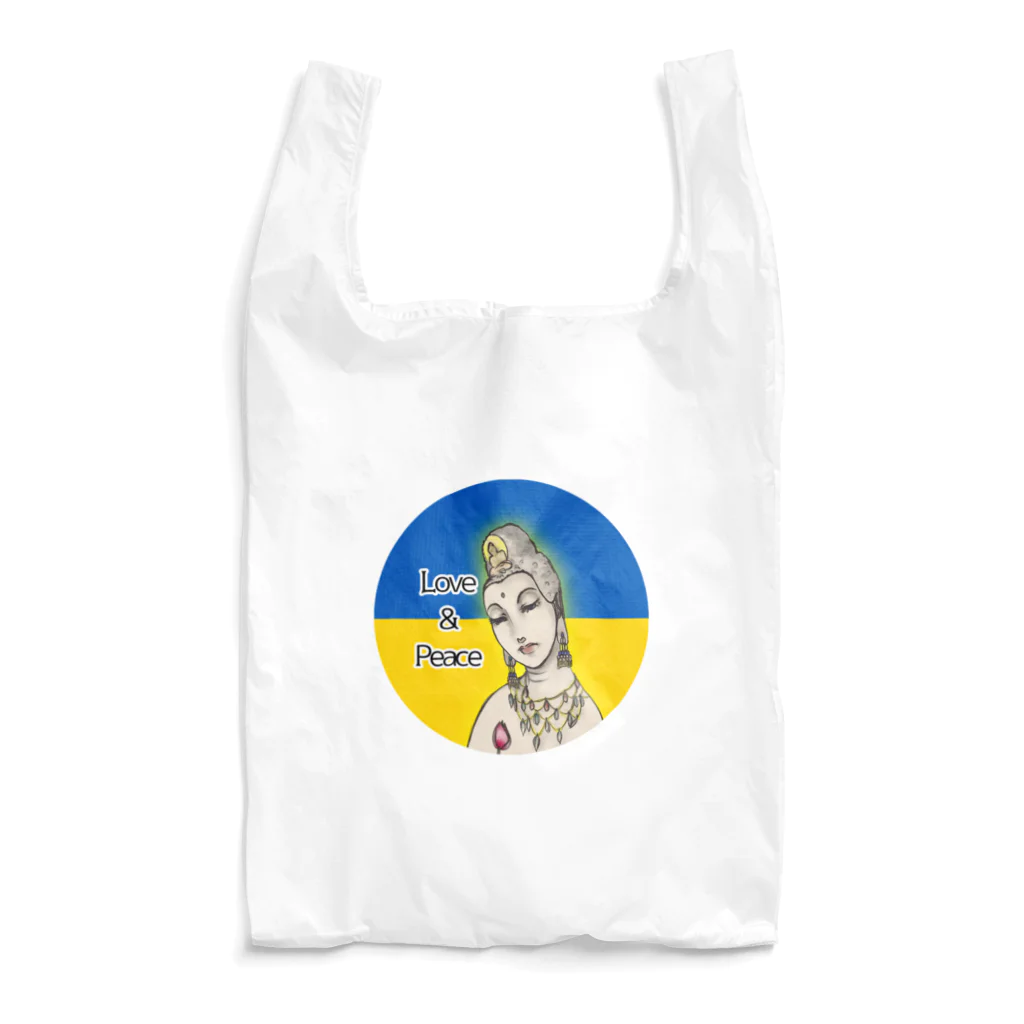諭苑のSUZURI店のLove＆Peace観世音菩薩ウクライナ国旗背景 Reusable Bag
