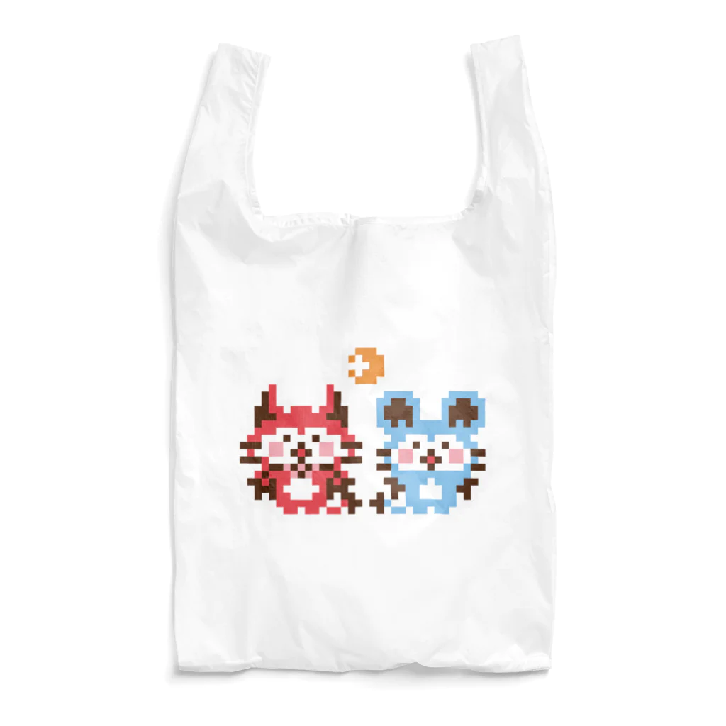 ミニマムユニヴァース@SUZURIのデビねこくんとデビねずちゃんと月のドット絵 エコバッグ Reusable Bag