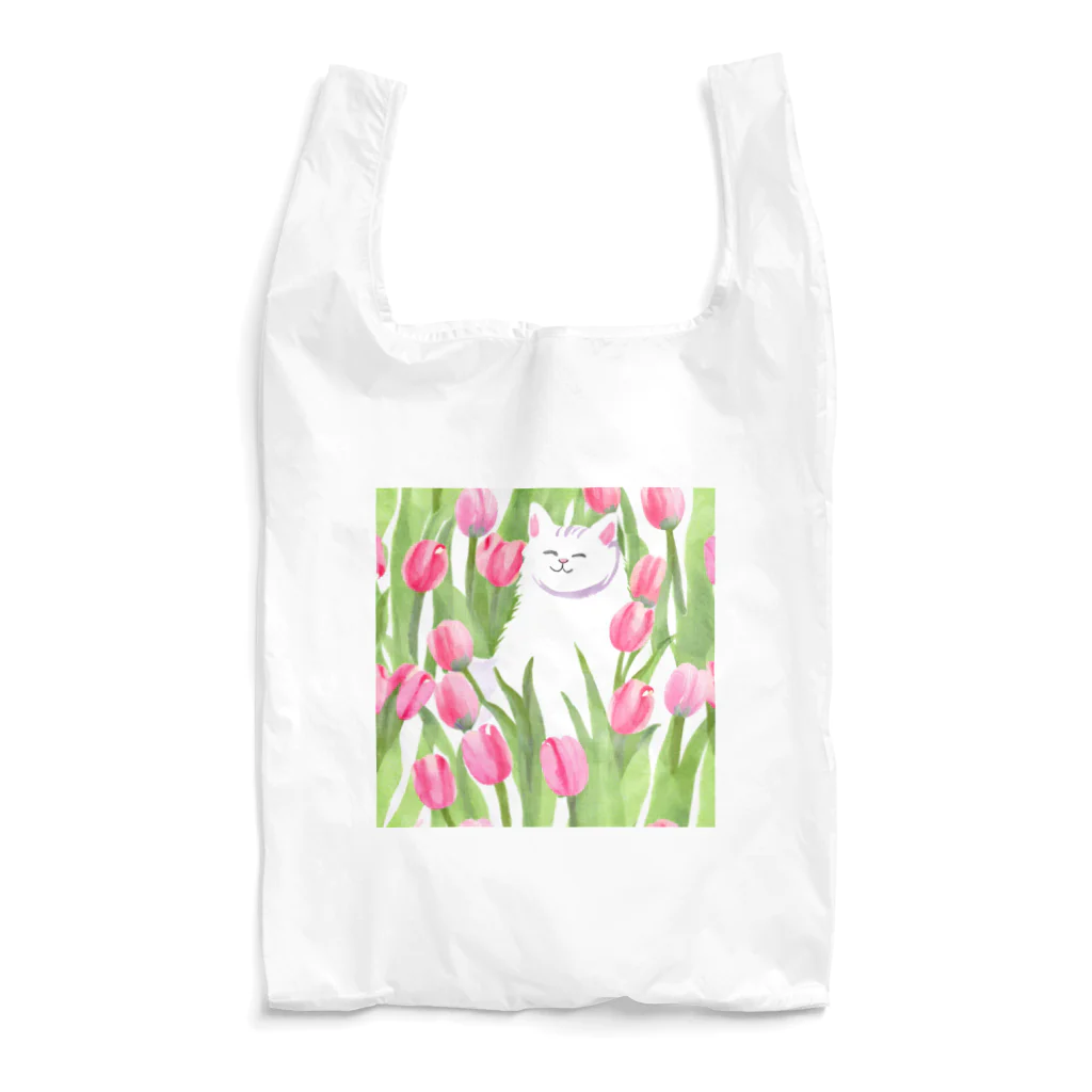 癒しのふわふわ白猫ちゃんのチューリップと白猫ちゃん Reusable Bag