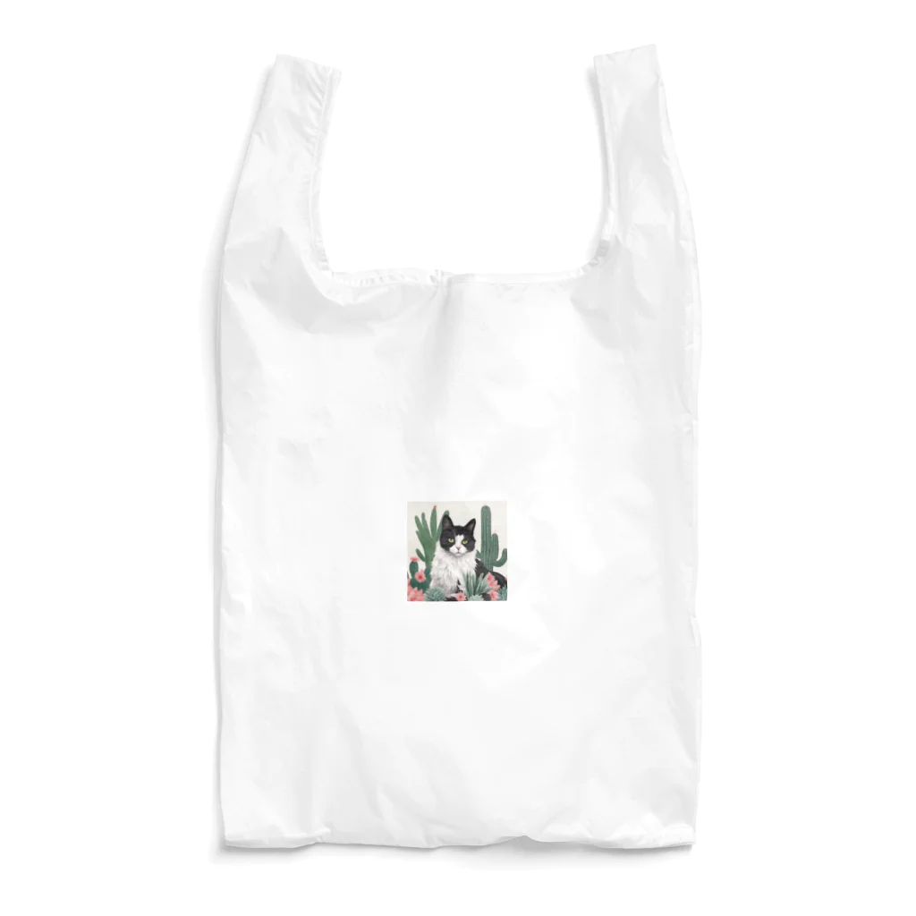 capcat1919のハチワレ白黒猫とサボテン Reusable Bag