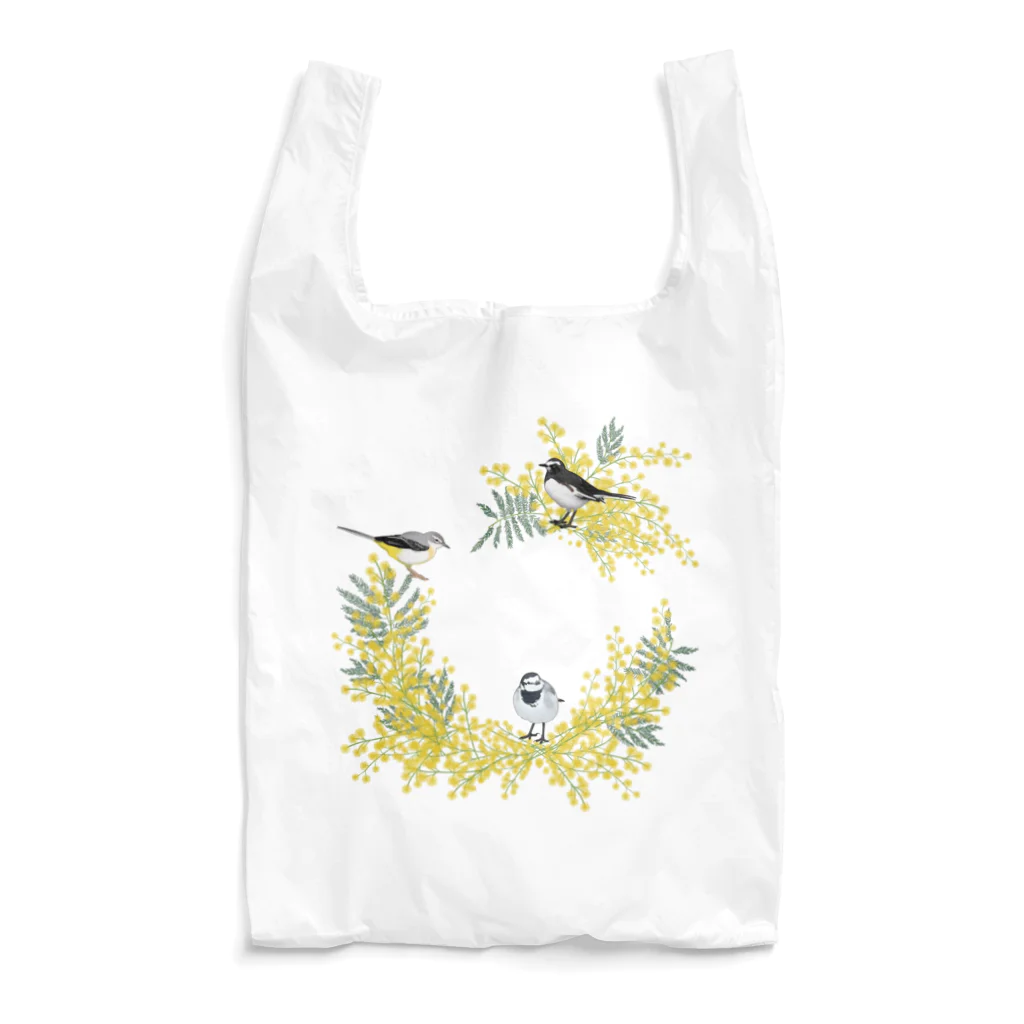 やちよ｜リアル鳥イラストの鶺鴒さんとミモザのリース（枝なし） Reusable Bag