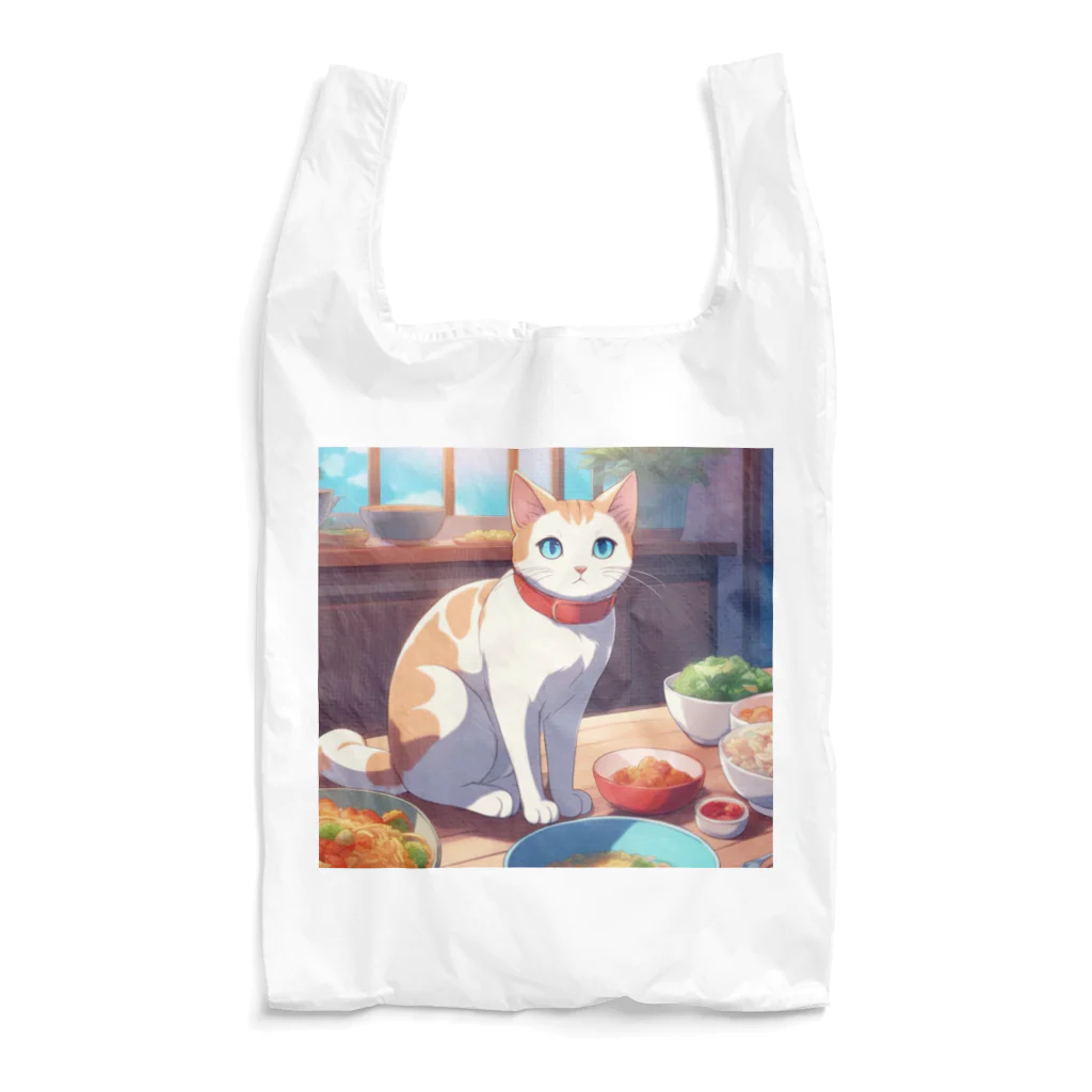 ニコちゃんのご飯の前で座り込む仕草の猫 Reusable Bag