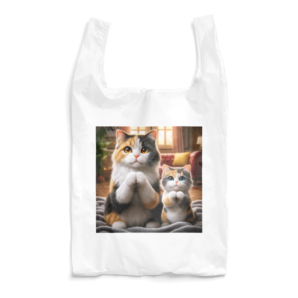 亀蘭タマムシの三毛猫親子のお願い Reusable Bag