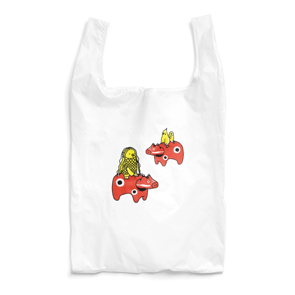 赤べこちゃんとアマビエさまとインコさん Ver2 Reusable Bag By オグチヨーコ Yocooguchi Suzuri