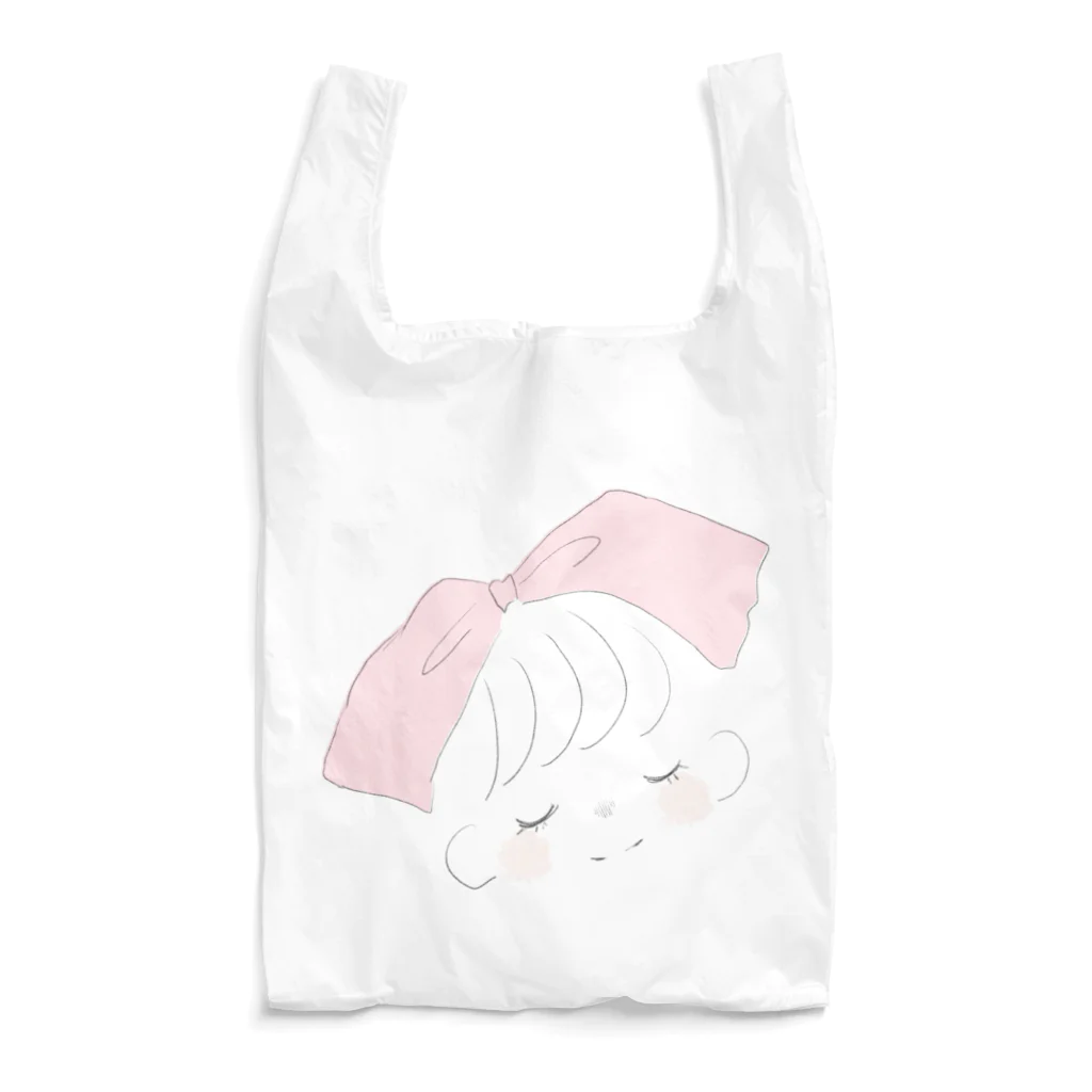 ゆるかわいいデザインのおっきい桃色リボンの女の子。 Reusable Bag