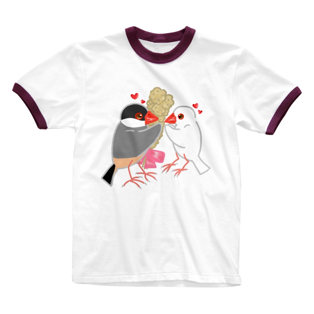 Lily bird（リリーバード）の粟穂をプレゼント 桜&白文鳥 Ringer T-Shirt
