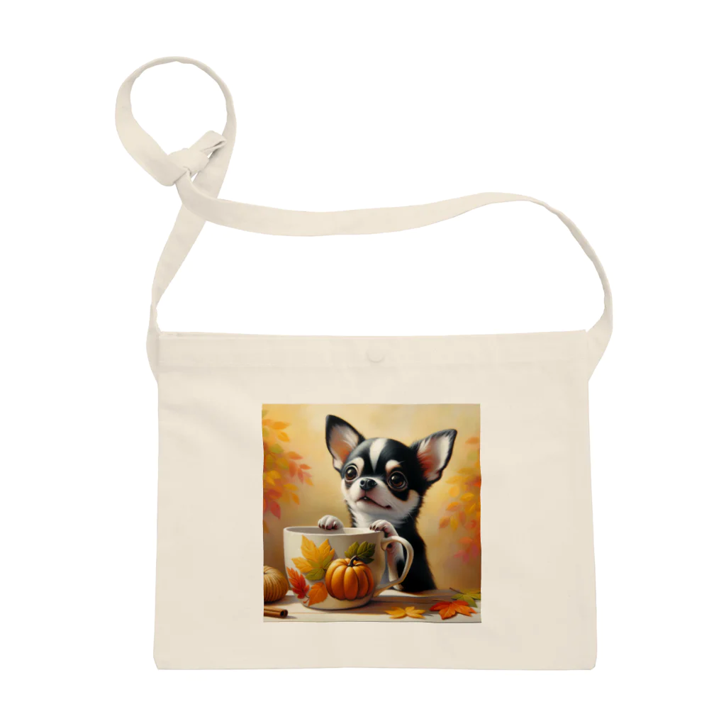 DeenaDeeのAutumn Curiosity: Chihuahua & Mug Magic 秋の好奇心: チワワとマグカップ サコッシュ