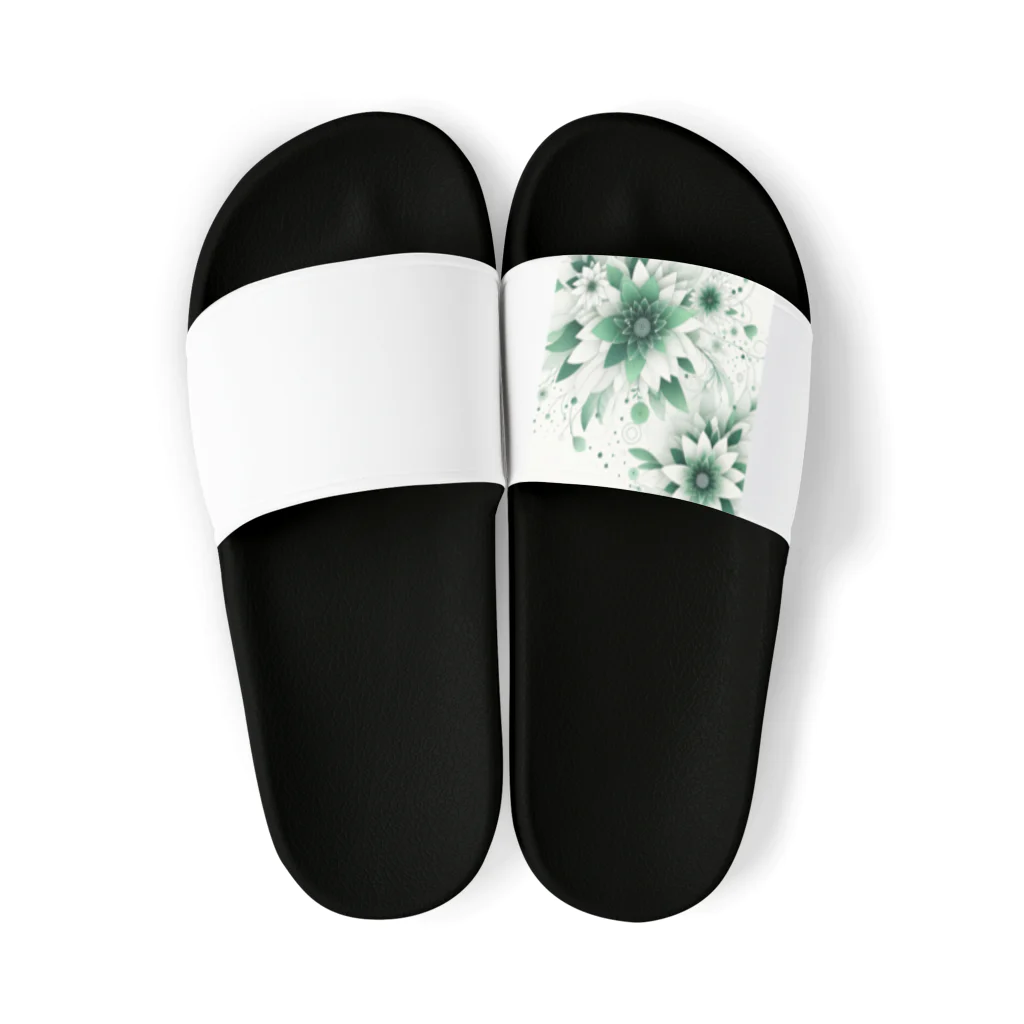 アミュペンの数学的なデザインを持つ緑と白の花 Sandals