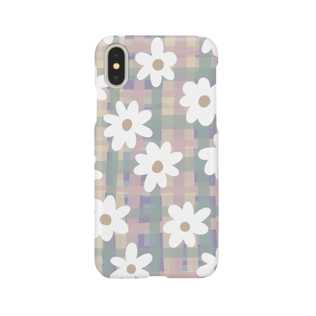 chami＊designのpastel check flower＊white＊ スマホケース