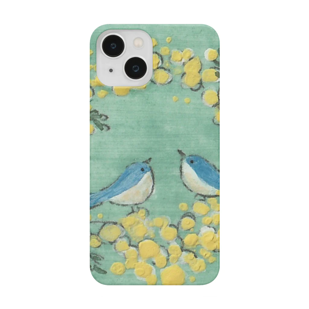 森の中の【日本画原画】ミモザのリースに集うしあわせの青い鳥 Smartphone Case