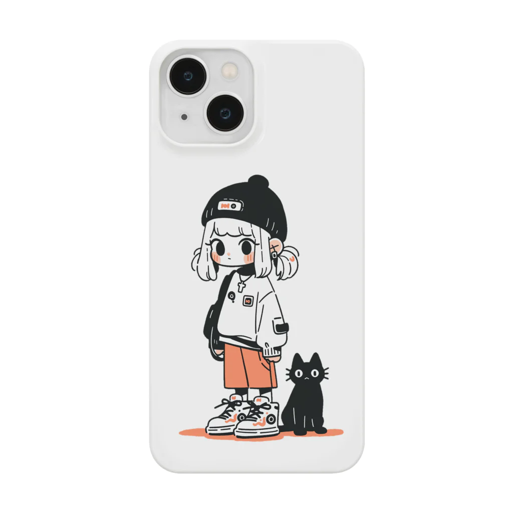 ショップ　キヨナリの黒猫とニット帽女子　オレンジ Smartphone Case