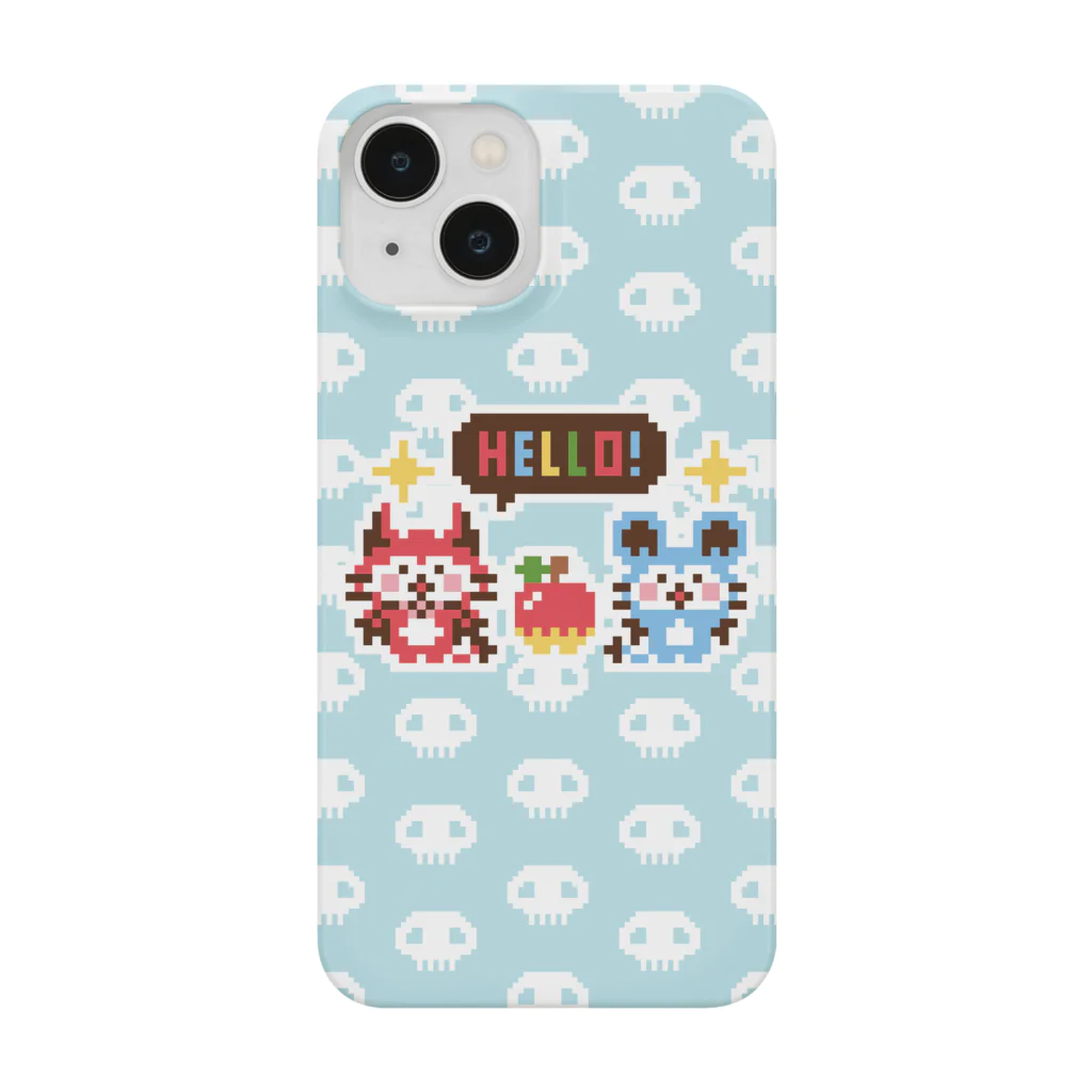 ミニマムユニヴァース@SUZURIのデビねこくんとデビねずちゃんとリンゴのドット絵 青色 スマホケース Smartphone Case