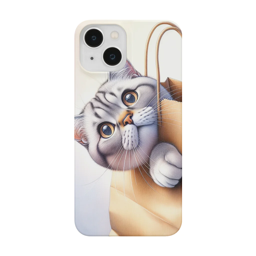 鹿児島のSUZURIアートショップの👜🐱『鹿児島SUZURIアート iPhoneケース: 袋に隠れる猫のイラスト』📱 Smartphone Case