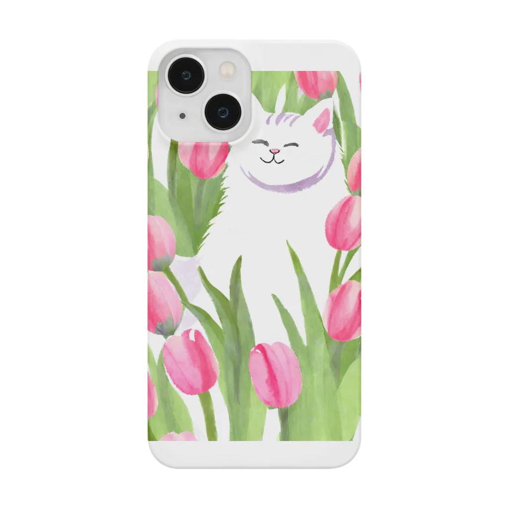 癒しのふわふわ白猫ちゃんのチューリップと白猫ちゃん Smartphone Case