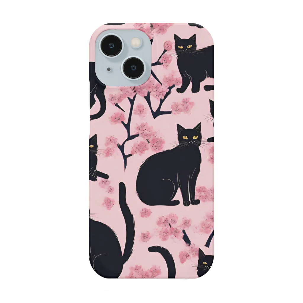 春夏秋冬。の黒猫と桜 スマホケース