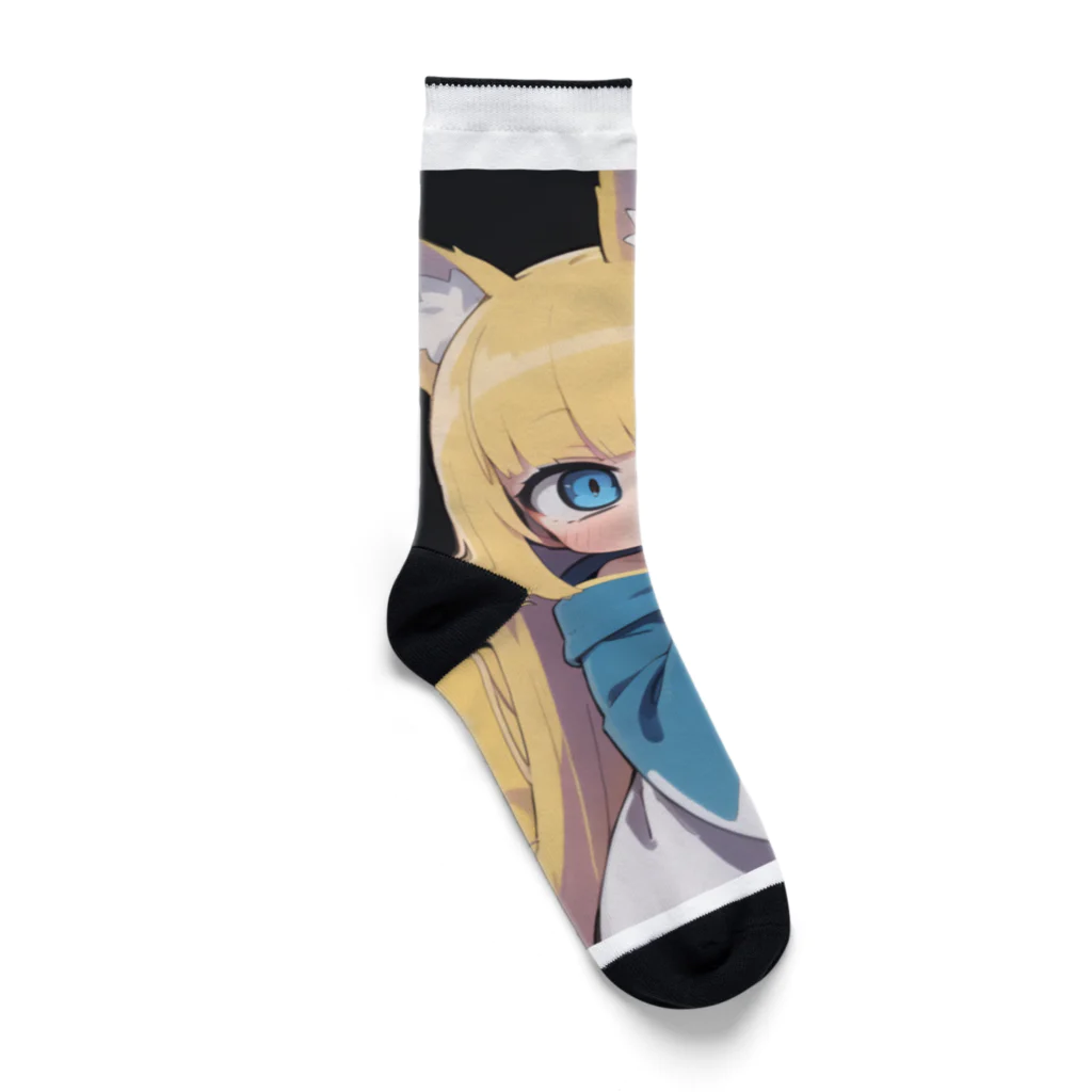 ケモ耳美少女キツネちゃん（AIart）の金髪のキツネの女の子 Socks