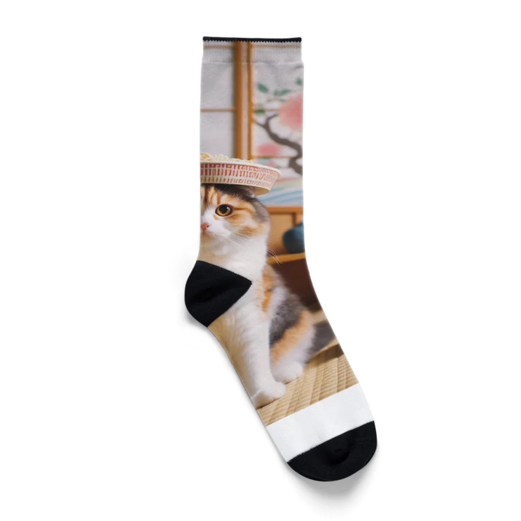 ベルギービールバー麦酒本舗公式グッズのラーメン猫３ Socks