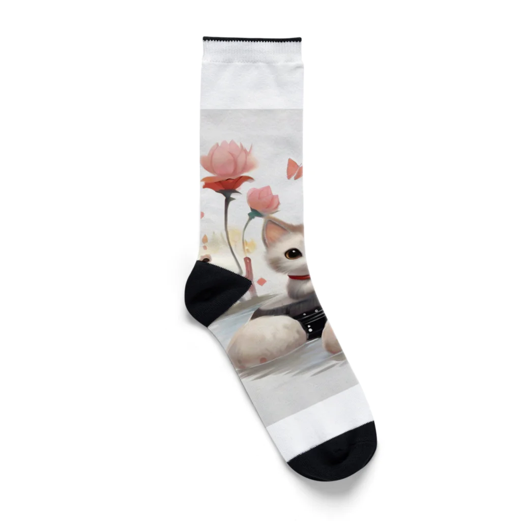 恥ずかしがり屋のねこショップの猫とお花 Socks