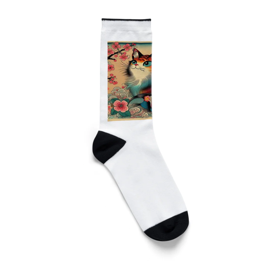 chaochao0701の浮世絵風　カラフル猫「Ukiyo-e-style Colorful Cat」「浮世绘风格的多彩猫」 Socks