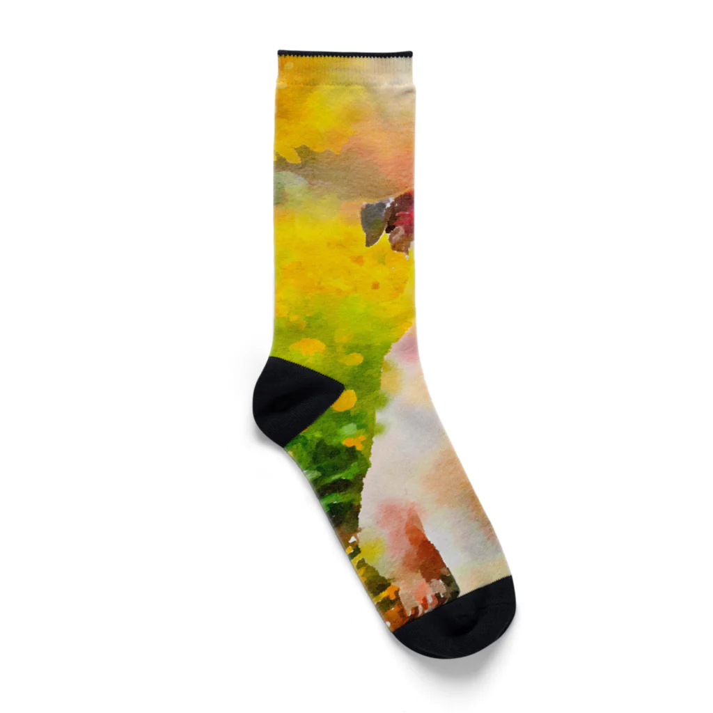 犬好きのしましまの水彩画の犬 花畑のブルドッグのイラスト Socks