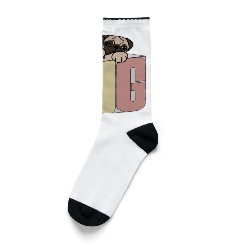 パグ PUG ぱぐ  OHMAI GALLERYのPUG-パグ-ぱぐ　道具箱ならぬパーグ箱から出たい親子パグ ワンポイントTシャツ  Socks