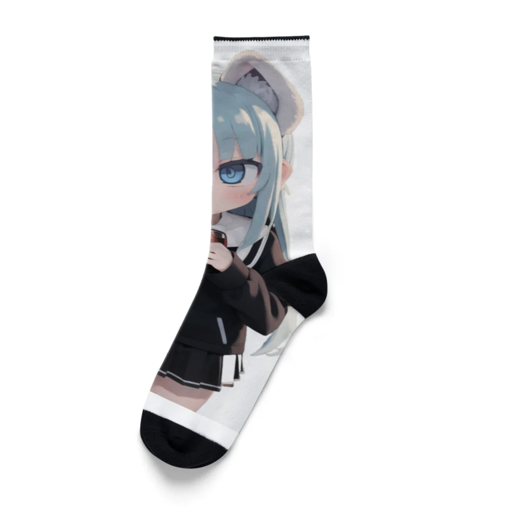 ケモ耳美少女キツネちゃん（AIart）の獣の耳と美しい青い目少女 Socks