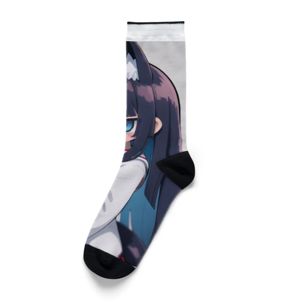 ケモ耳美少女キツネちゃん（AIart）の紺色の髪のキツネの女の子 Socks