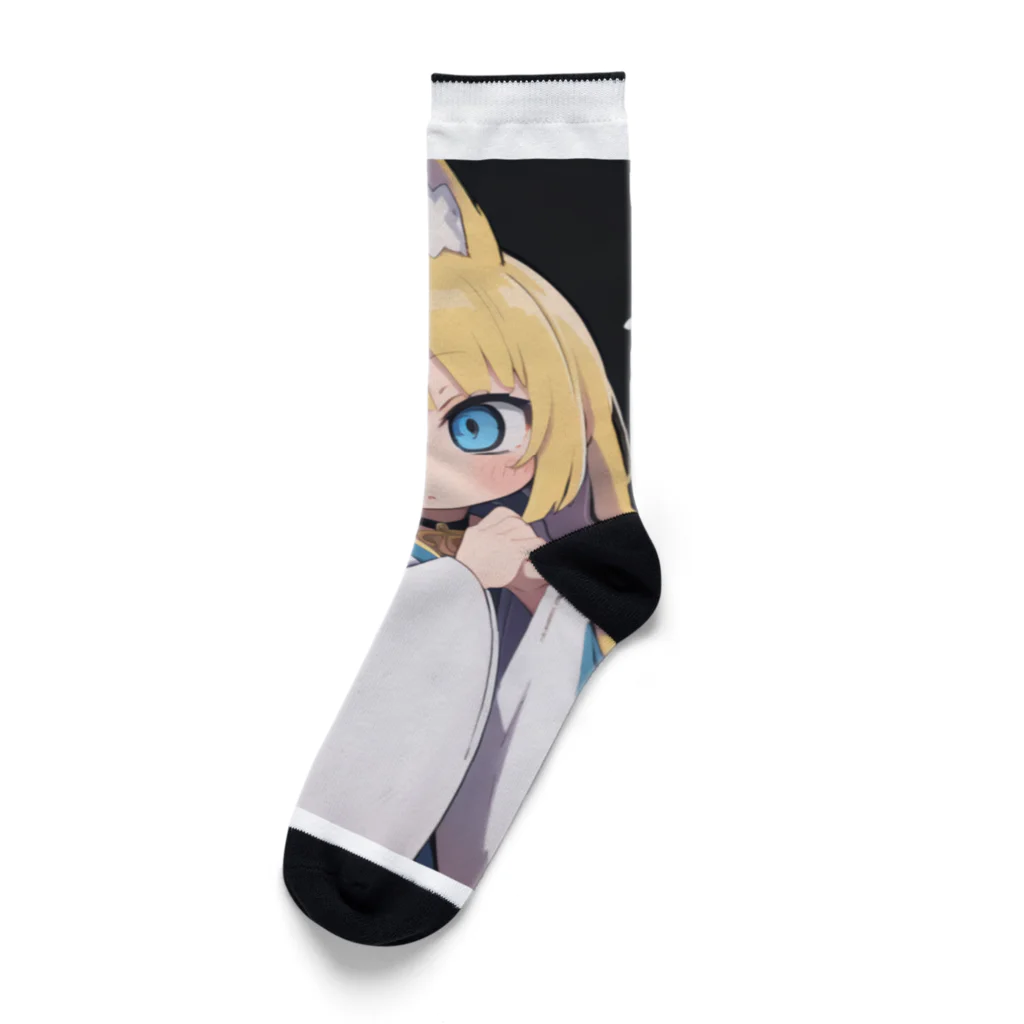 ケモ耳美少女キツネちゃん（AIart）の金髪のキツネの女の子 Socks