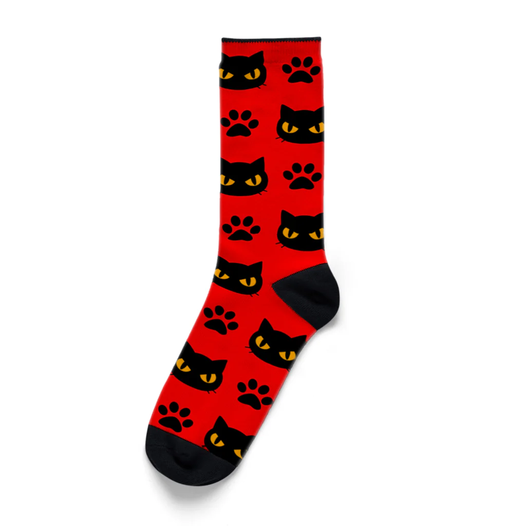 mkumakumaの黒猫と足跡赤 Socks