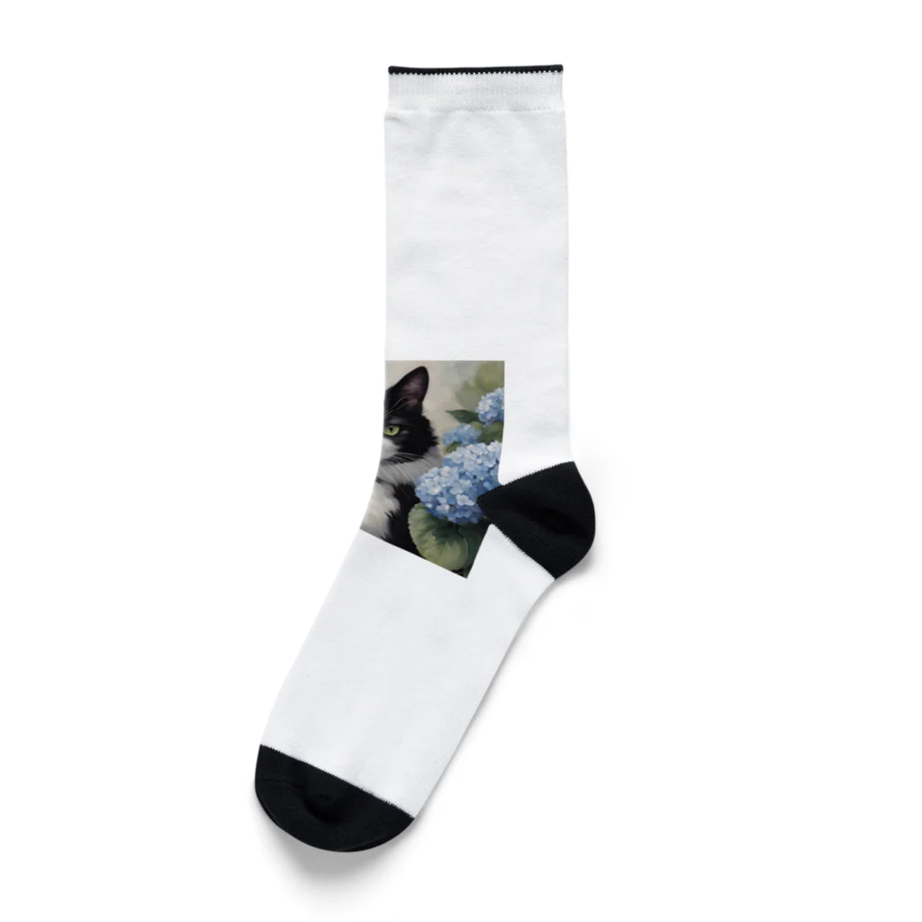 capcat1919のハチワレ猫白黒と紫陽花 Socks