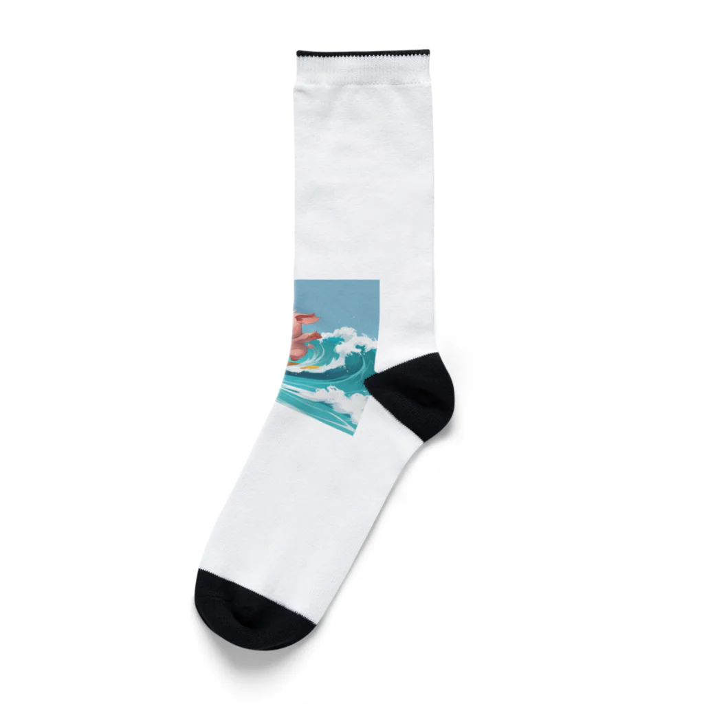 ganeshaのかわいいブタのサーフィンウェーブ Socks