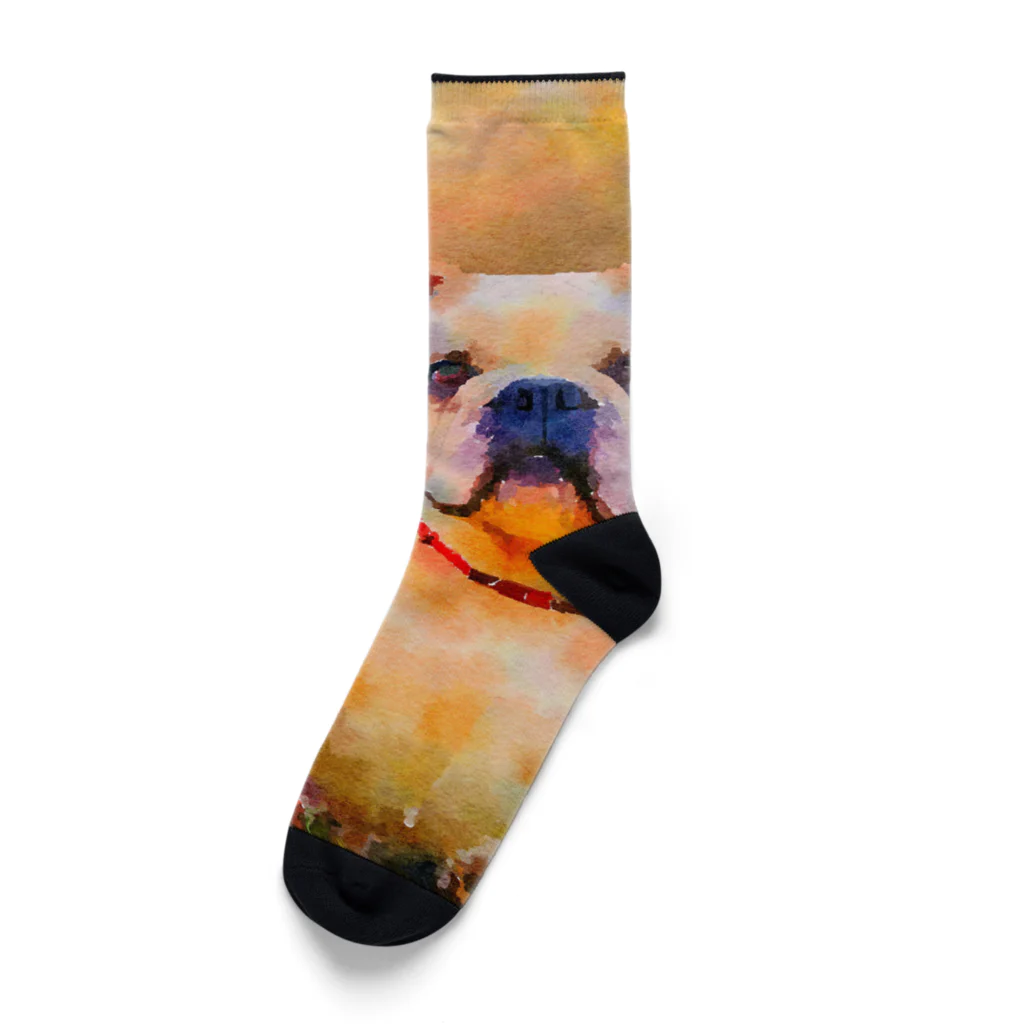 犬好きのしましまの水彩画の犬 花畑のブルドッグのイラスト Socks