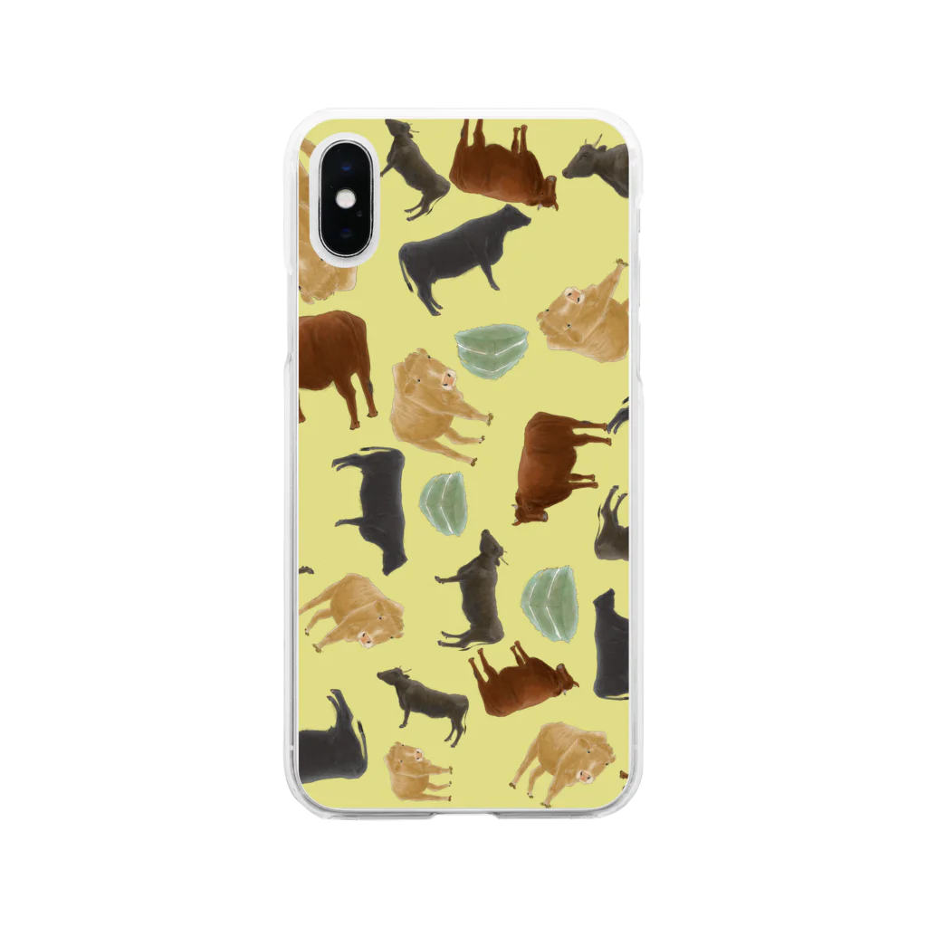 PoccaBocca–すかまるのおみせ–の和牛🐃がいっぱいiPhoneケース　きいろ Soft Clear Smartphone Case