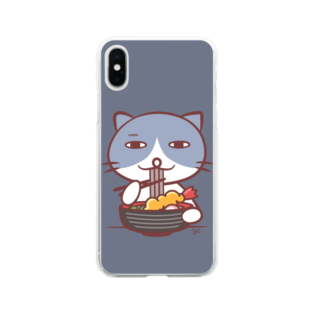 cream houseのそばを食べるネコ（はいいろ） Soft Clear Smartphone Case