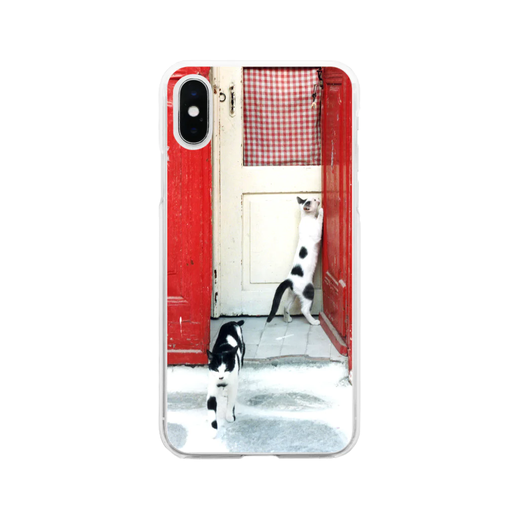 黒猫デザインのエーゲ海の猫　赤い扉 투명 젤리케이스